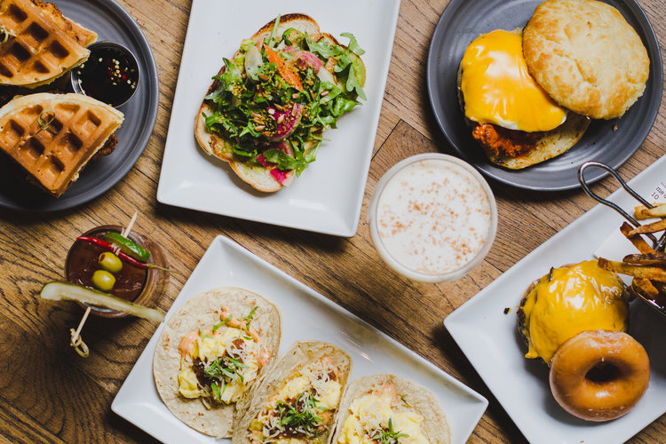 Food display of brunch food with cocktails